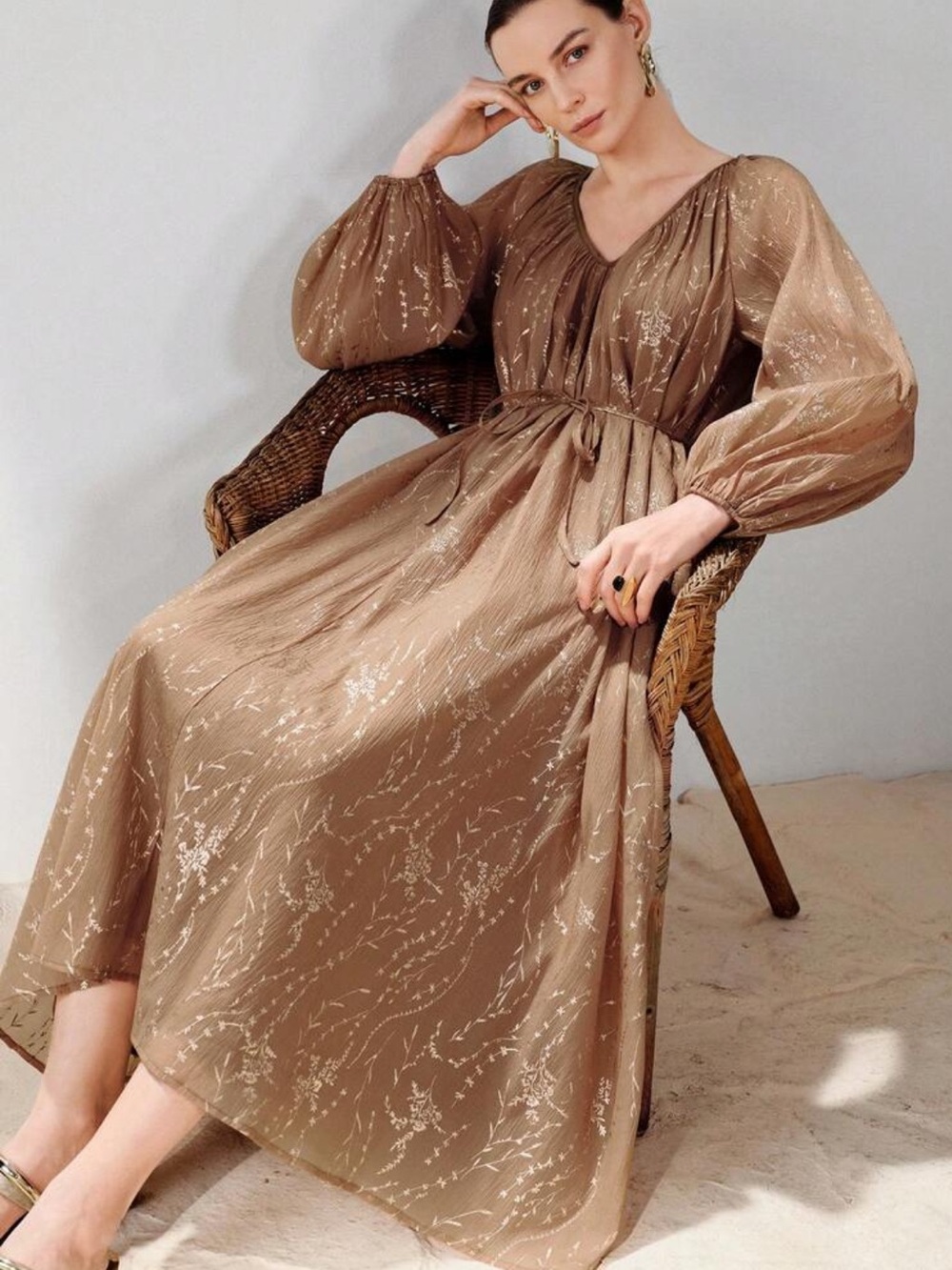 NWT Flowy Maxi Dress in Brown Gold Metallic Autumn Print, Medium Large